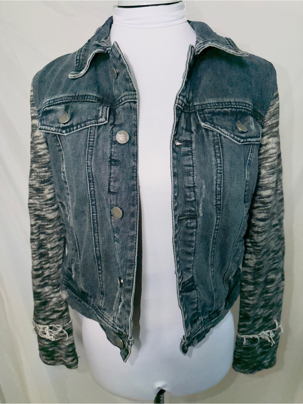 Free People Distressed Knit Sleeve Denim Jacket